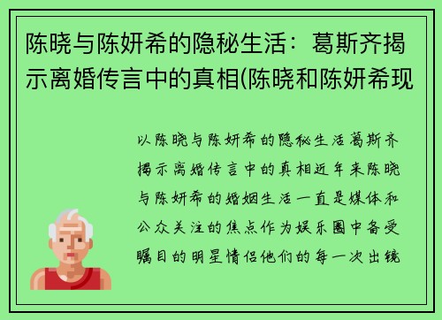 陈晓与陈妍希的隐秘生活：葛斯齐揭示离婚传言中的真相(陈晓和陈妍希现状)