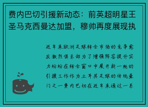 费内巴切引援新动态：前英超明星王圣马克西曼达加盟，穆帅再度展现执教魅力