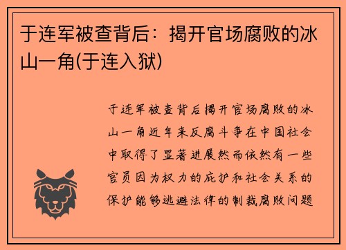 于连军被查背后：揭开官场腐败的冰山一角(于连入狱)
