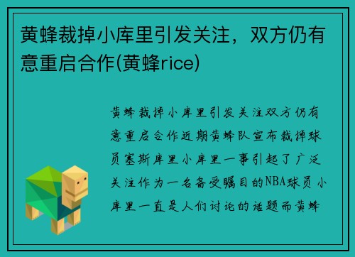 黄蜂裁掉小库里引发关注，双方仍有意重启合作(黄蜂rice)