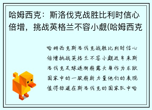 哈姆西克：斯洛伐克战胜比利时信心倍增，挑战英格兰不容小觑(哈姆西克简介)