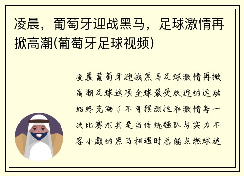 凌晨，葡萄牙迎战黑马，足球激情再掀高潮(葡萄牙足球视频)