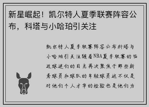 新星崛起！凯尔特人夏季联赛阵容公布，科塔与小哈珀引关注