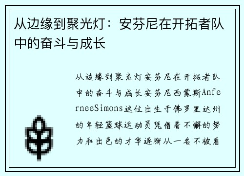 从边缘到聚光灯：安芬尼在开拓者队中的奋斗与成长