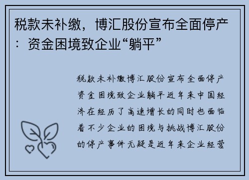 税款未补缴，博汇股份宣布全面停产：资金困境致企业“躺平”